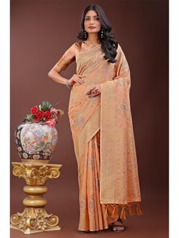 Mysilklove - Women Peach Cotton Linen Floral Saree without Blouse