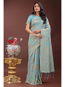 Mysilklove - Women Blue Cotton Linen Floral Saree without Blouse