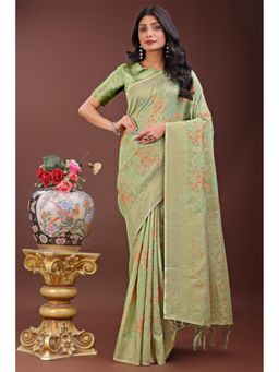 Mysilklove - Women Green Cotton Linen Floral Saree without Blouse