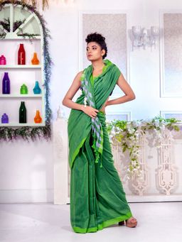 CHARUKRITI - Green Pure Cotton Handwoven Soft Saree with Strip Pallu with Unstitched Blouse