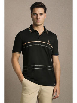 Louis Philippe - Men Black Stripe Polo T-Shirt