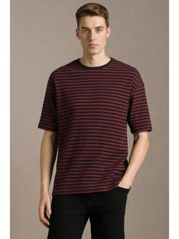 Louis Philippe - Men Maroon Stripe Crew Neck T-Shirt