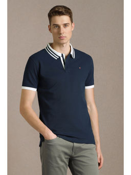 Louis Philippe - Men Navy Blue Textured Polo T-Shirt