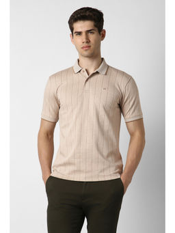 Peter England - Men Beige Stripe Polo T-Shirt