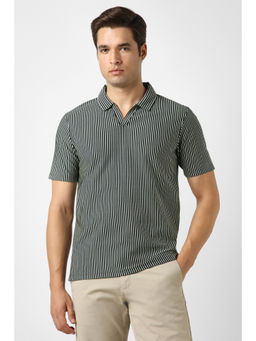 Peter England - Men Green Stripe Polo T-Shirt