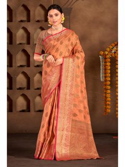 Sangam Prints - Peach Cotton Woven Zari Work Traditional Saree with Unstitched Blouse