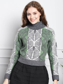 NOBARR - Acrylic Full Sleeves High-Neck Woven Dark Green And Blue Sweater
