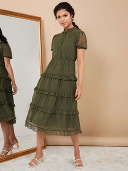 Styli - Green Short Sleeves Dobby Tiered Midi Dress With Ruffle Detail