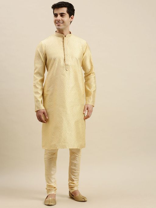 Sanwara Mens Cream Embroidered Long Sleeve Art Silk Elegant Kurta with Pyjama (Set of 2)