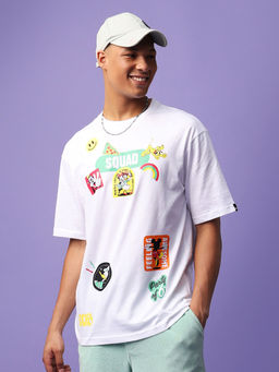 Bewakoof - Official Disney Men's White Mickey Squad Graphic Printed Oversized T-shirt