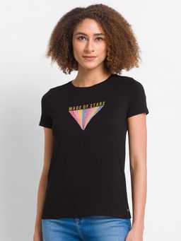 Spykar - Black Cotton Blend Half Sleeve Printed Casual T-shirt For Women