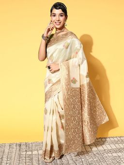 Odette - Silk Blend Cream Woven Design Saree with Unstitched Blouse
