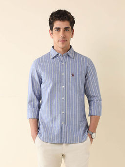 U.S. POLO ASSN. - Men Blue Cotton Tailored Fit Shirt