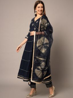 Meeranshi - Beautiful Gota Work Navy Blue Angarkha Kurta Trousers with Dupatta (Set of 3)