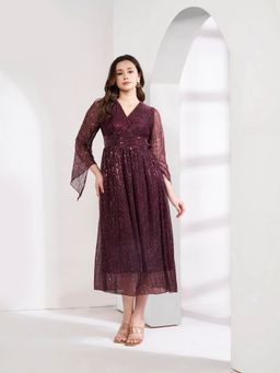 JUSTIN WHYTE - Embellished Pleated Purple Flared Dress