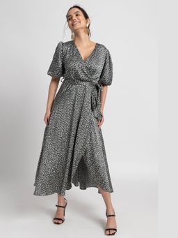 JULO - Noir Botanical Surplice Black Midi Dress