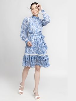 JULO - Misty Floral Mandarin Blue Mini Dress