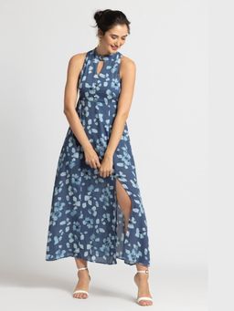 JULO - Floral Waterfall Halter Neck Blue Maxi Dress