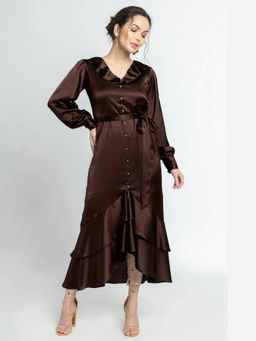 JULO - Choco Lustre Ruffle Brown Midi Dress