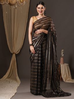 Akhilam - Womens Nylon Black Printed Designer Saree with Unstitched Blouse