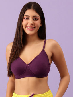 Clovia - Purple Cotton Rich Solid Non-Padded Full Cup Wire Free T-Shirt Bra