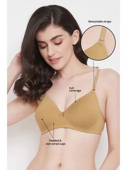 Clovia - Beige Cotton Spandex Solid Padded Full Cup Wire Free T-Shirt Bra
