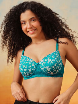Clovia - Turquoise Padded Non-Wired Full Coverage Floral Print T-Shirt Bra