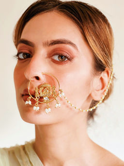 Azai by Nykaa Fashion - Ethnic Gold & Off-White Elephant Motif Nath