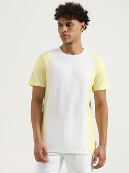 United Colors of Benetton - Yellow & White Regular Round Neck Textured T-Shirt