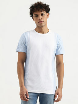 United Colors of Benetton - Blue & White Regular Round Neck Textured T-Shirt