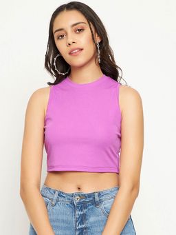 Uptownie - Stretchable Polyester High Neck Sleeveless Crop Top - Purple