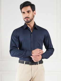 Louis Stitch - Navy Blue Regular Fit Solid Navy Blue Shirt