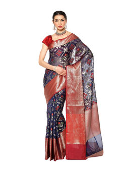 Banarasi Silk Works - Navy Blue Zari Patola Brocade Border Art Saree with Unstitched Blouse