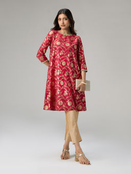 Gajra Gang - Brigade Bride Maroon Gadhwal Foil Printed Embellished Neck Kurta