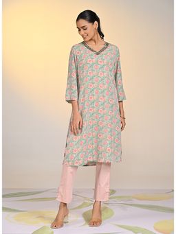 Lakshita - Nadia Dark Green Printed V-Neck Kurta for Women