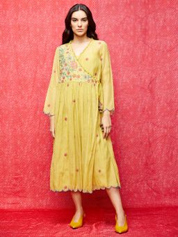 Swati Vijaivargie - Rose Yellow Embroidered Wrap Dress
