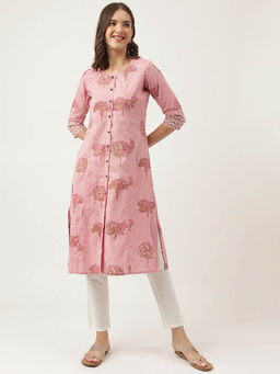 Divena - Pink Floral Printed Cotton A-Line Kurta