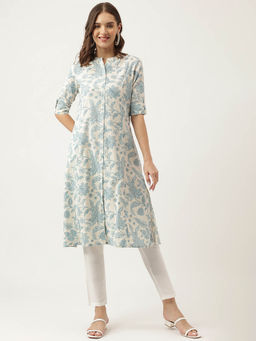 Divena - Sky Blue Floral Printed Cotton A-Line Kurta