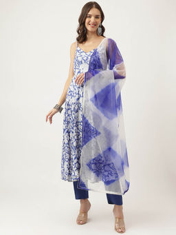 Divena - Blue Muslin Floral Printed Kurta, Trouser with Dupatta (Set of 3)