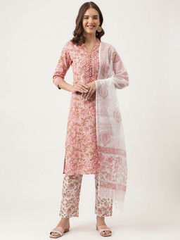 Divena - Pink Floral Printed Cotton Kurta, Trouser with Dupatta (Set of 3)