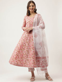 Divena - Pink Floral Printed Cotton Anarkali Kurta, Trouser with Dupatta (Set of 3)