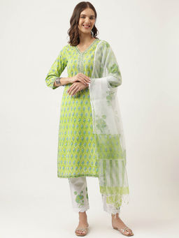 Divena - Green Floral Printed Kurta Trouser & Dupatta (Set of 3)
