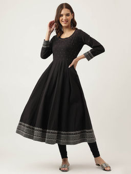 Divena - Black Embroidered Cotton Flared Kurta