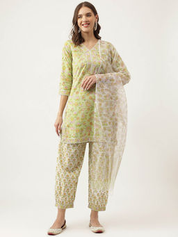 Divena - Green Floral Printed Cotton Straight Kurta, Pant with Dupatta (Set of 3)