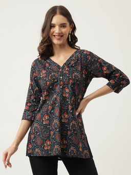 Divena - Navy Blue Floral Printed Cotton Peplum Fit V-Neck Top