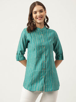 Divena - Teal Blue Printed Muslin Fold Sleeve Top