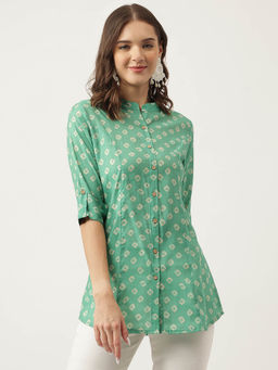 Divena - See Green Bandhani Printed Muslin Fold Sleeve Top
