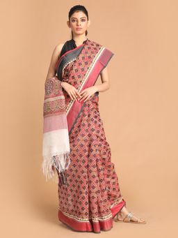Indethnic - Red Printed Cotton Blend Saree with Unstitched Blouse