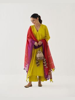 Vaaya - Yellow Chanderi Solid/Plain Kurta With Palazzo And Dupatta