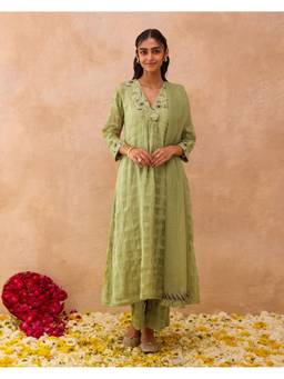Taro India - Sage Green Kurta Set With Pant And Dupatta